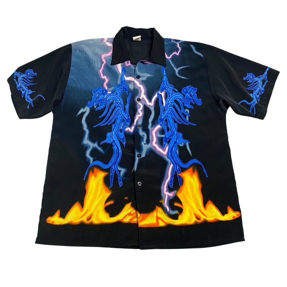 Y2K 725 Blue Dragon Flame Button Up Shirt - Picture 1 of 4
